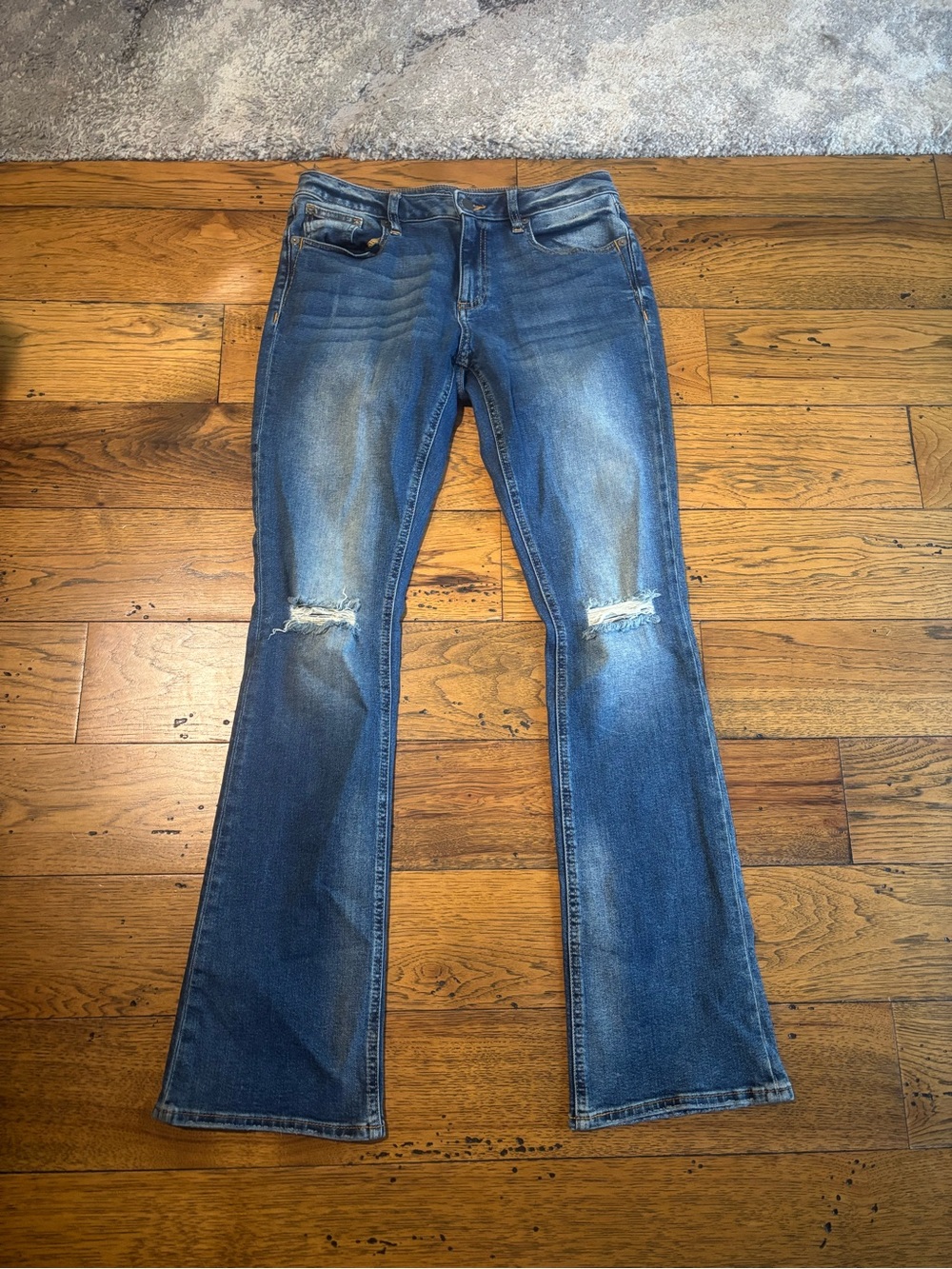 Miss Me Women's Mid-Blue Distressed Slim Bootcut Jeans w/ Floral Embossed Pocket